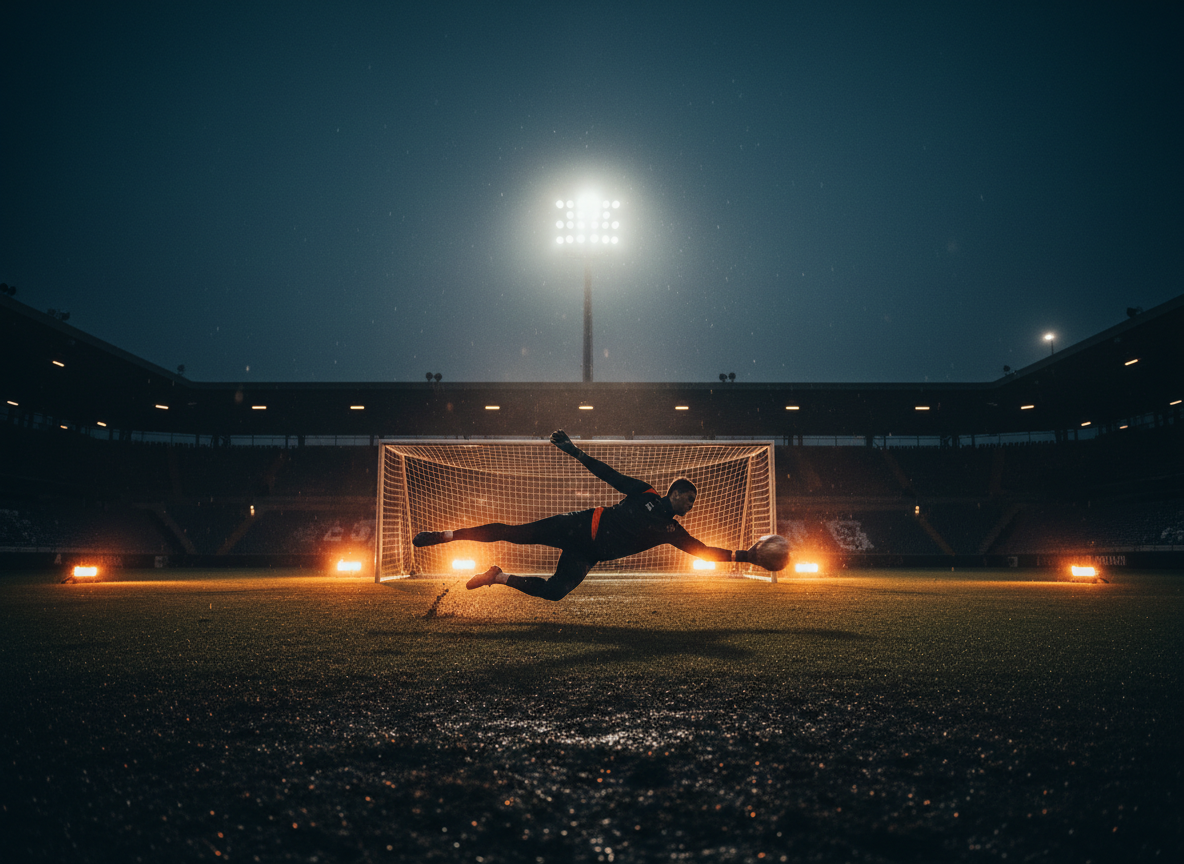 Torhüter beim Training im Stadion bei Flutlicht