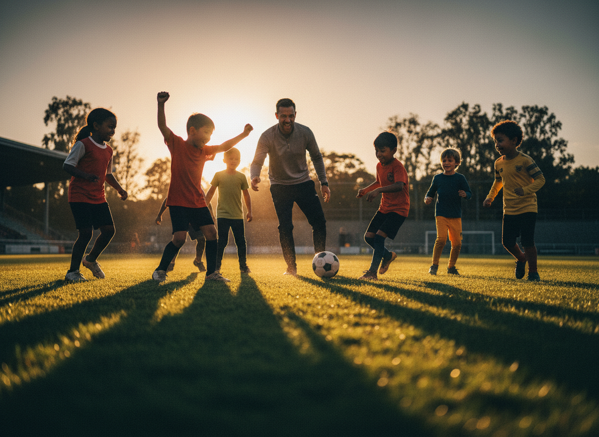 Kinder spielen Fußball mit einem Trainer